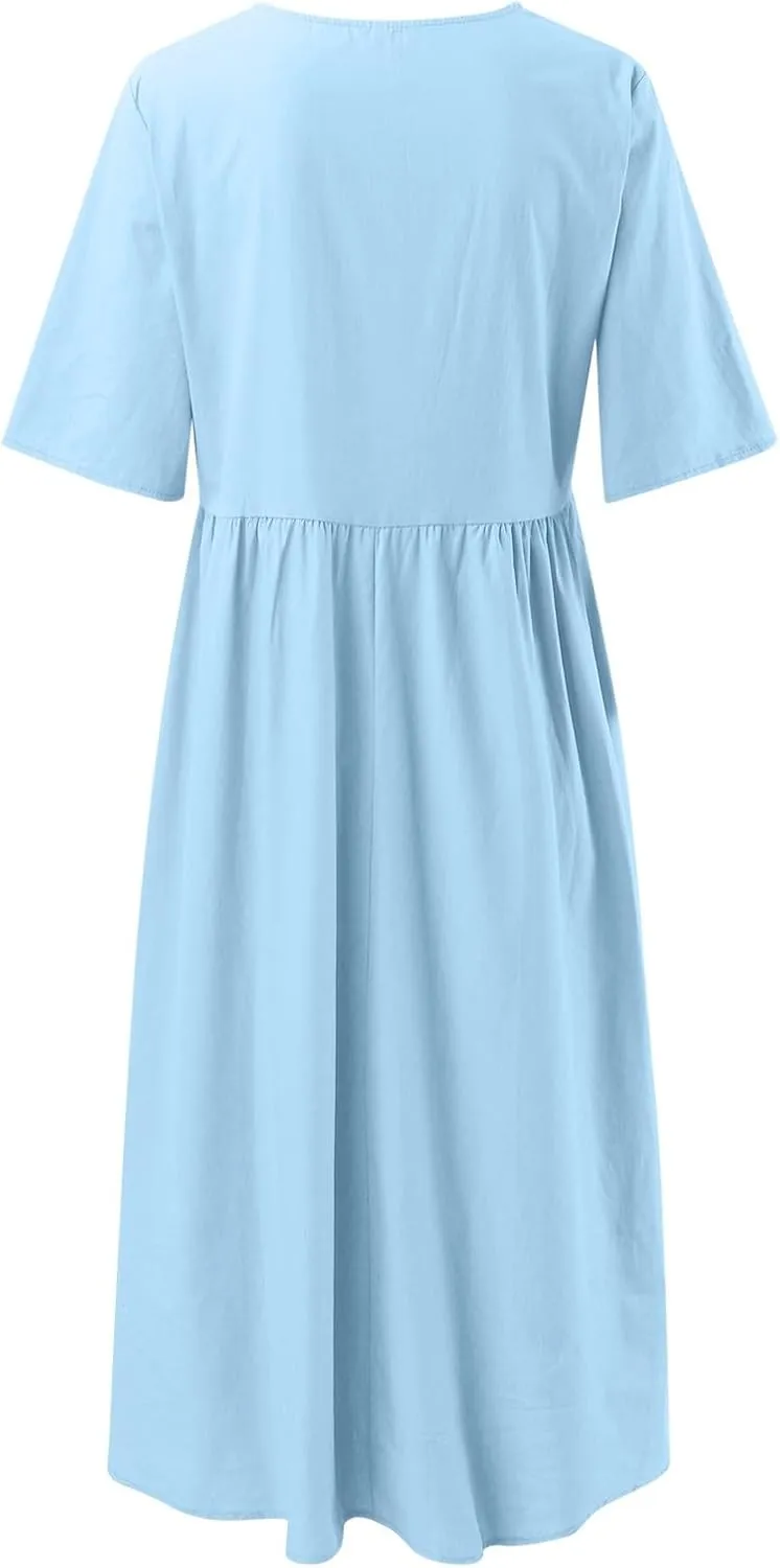 Womens Summer Casual Beach Dresses Half Sleeve Crew Neck Linen Midi Dress Loose Baggy Navy Blue Plus Size Dress 2025