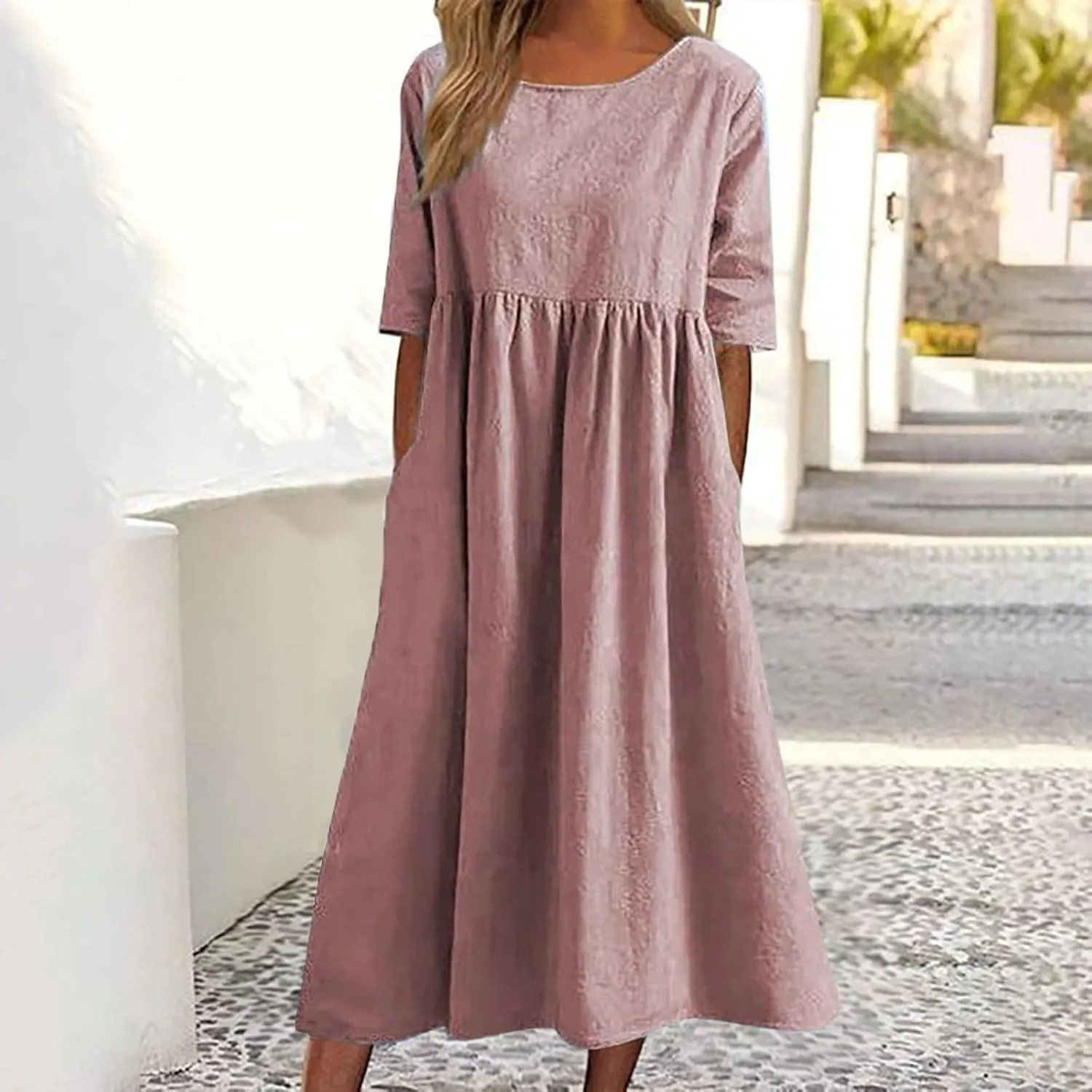 Womens Summer Casual Beach Dresses Half Sleeve Crew Neck Linen Midi Dress Loose Baggy Navy Blue Plus Size Dress 2025