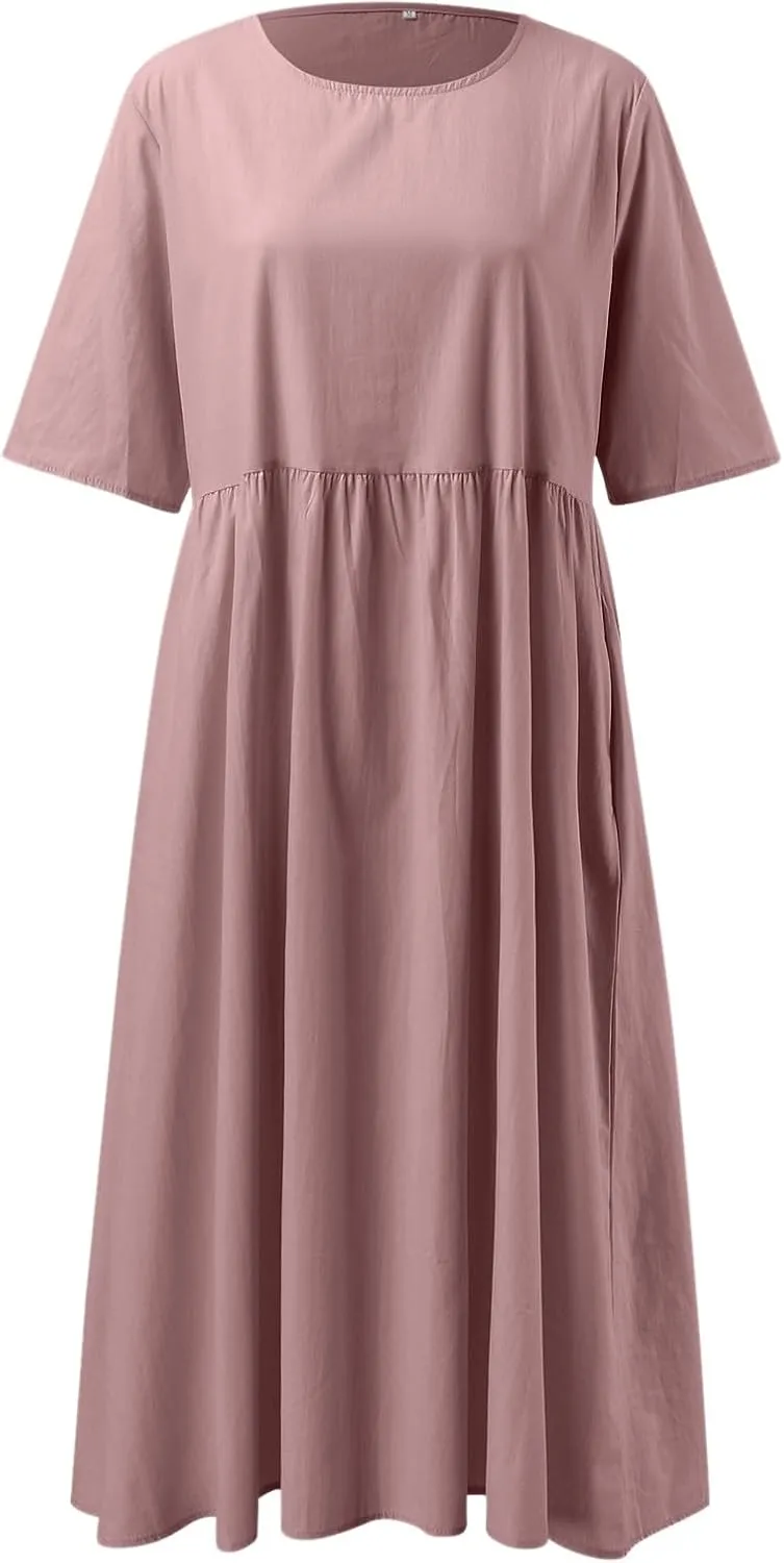 Womens Summer Casual Beach Dresses Half Sleeve Crew Neck Linen Midi Dress Loose Baggy Navy Blue Plus Size Dress 2025