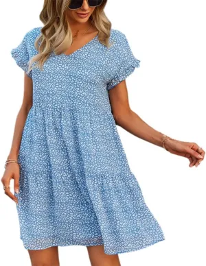 Women's Summer Loose Chiffon Dresses 2025 Beach Casual Ruffle Short Sleeve V Neck Floral Print Flowy Mini Dress