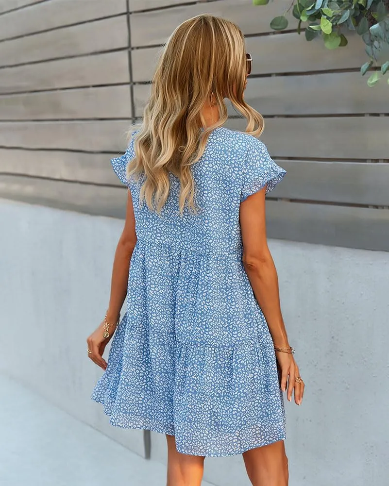 Women's Summer Loose Chiffon Dresses 2025 Beach Casual Ruffle Short Sleeve V Neck Floral Print Flowy Mini Dress