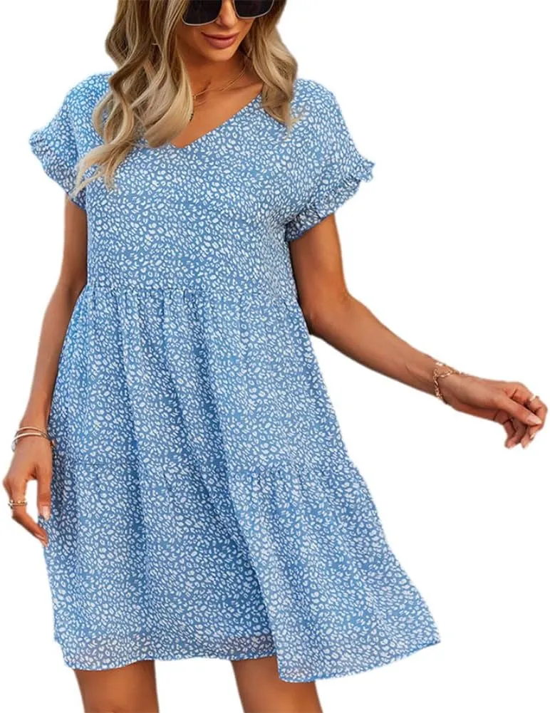 Women's Summer Loose Chiffon Dresses 2025 Beach Casual Ruffle Short Sleeve V Neck Floral Print Flowy Mini Dress
