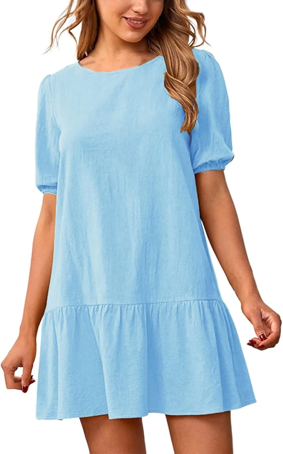 Womens Summer Loose Linen Dresses Beach Holiday Short Sleeve Solid Color Midi Short Dress Pleated Loose Sun Dresses