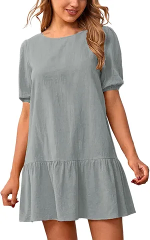 Womens Summer Loose Linen Dresses Beach Holiday Short Sleeve Solid Color Midi Short Dress Pleated Loose Sun Dresses