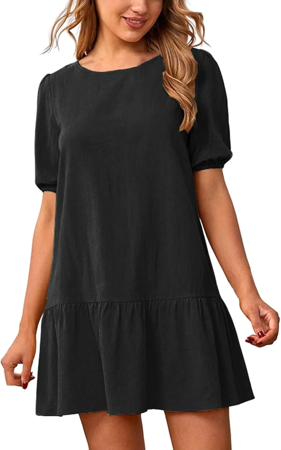 Womens Summer Loose Linen Dresses Beach Holiday Short Sleeve Solid Color Midi Short Dress Pleated Loose Sun Dresses