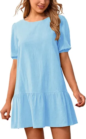 Womens Summer Loose Linen Dresses Beach Holiday Short Sleeve Solid Color Midi Short Dress Pleated Loose Sun Dresses
