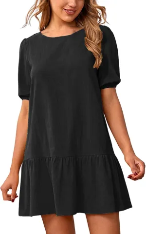 Womens Summer Loose Linen Dresses Beach Holiday Short Sleeve Solid Color Midi Short Dress Pleated Loose Sun Dresses