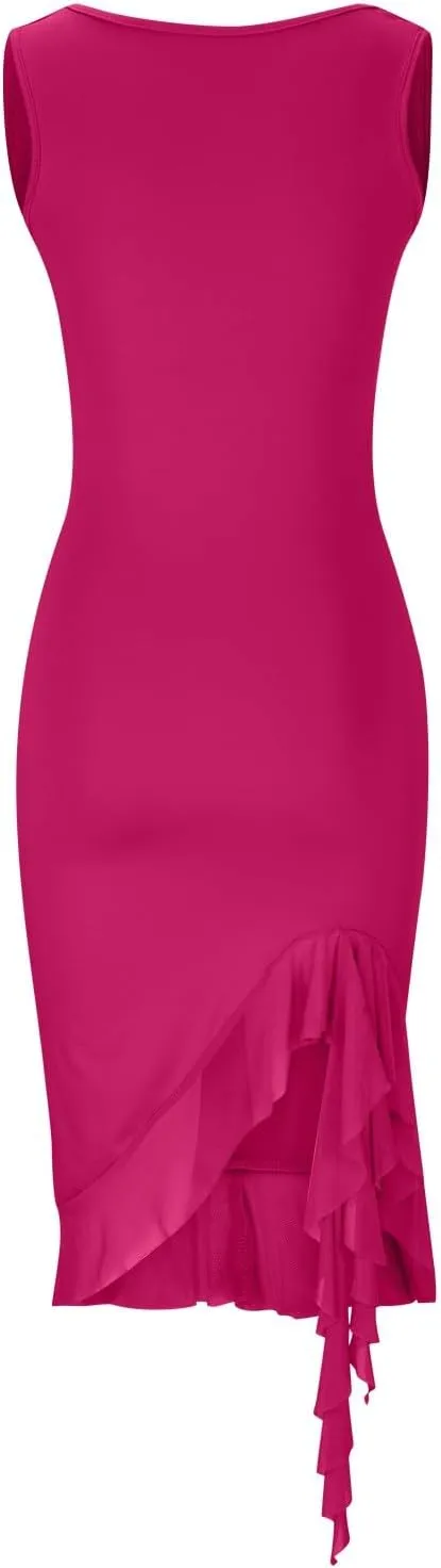Women's Summer Midi Bodycon Dress Casual Slim Fit Sleeveless Ruffle Hem Cocktail Dresses Elegant Tank Dress