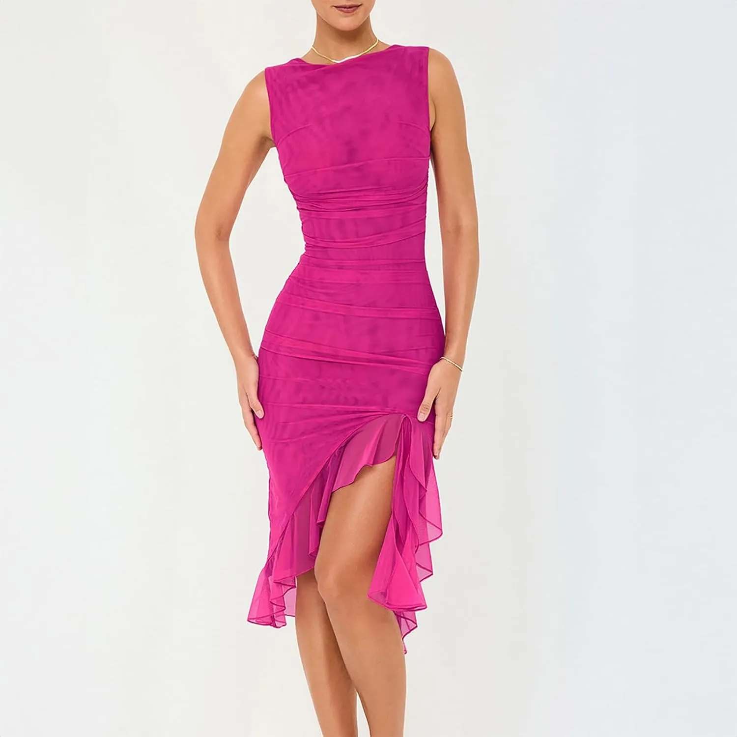 Women's Summer Midi Bodycon Dress Casual Slim Fit Sleeveless Ruffle Hem Cocktail Dresses Elegant Tank Dress