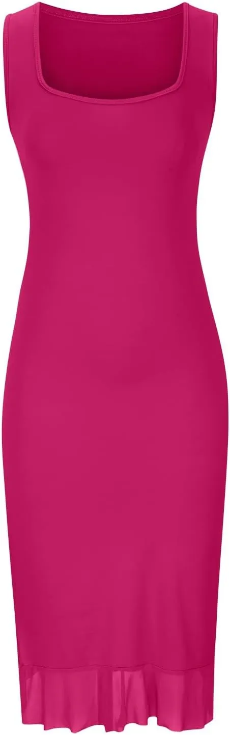 Women's Summer Midi Bodycon Dress Casual Slim Fit Sleeveless Ruffle Hem Cocktail Dresses Elegant Tank Dress