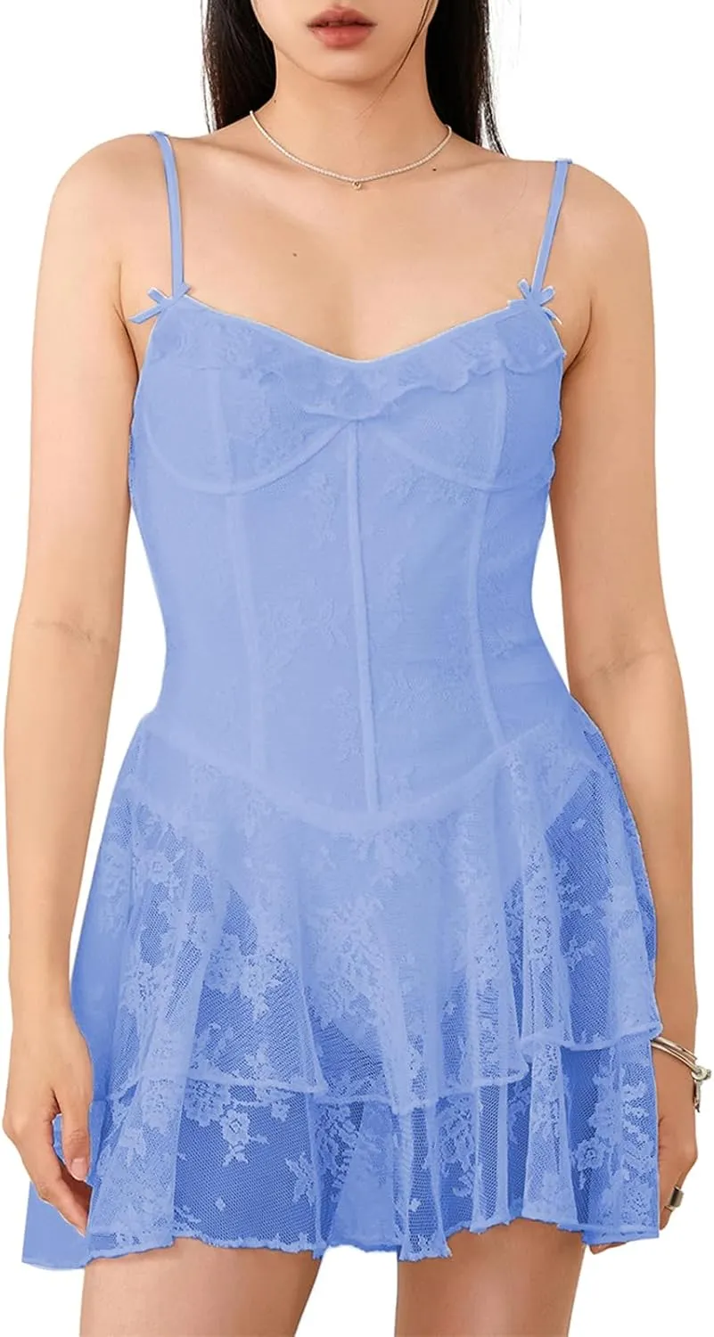 Women's Summer Mini Cami Dress Sleeveless, Backless, Lace Floral Design with Tiered Ruffle Hem for Party Wear