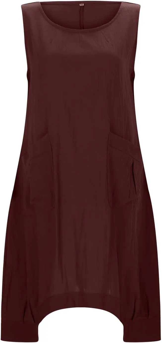 Women's Summer Sleeveless Cotton Linen Tank Dress Loose A-line Beach Dresses with Pockets Plus Size Loose Midi Dress