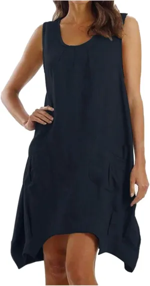 Women's Summer Sleeveless Cotton Linen Tank Dress Loose A-line Beach Dresses with Pockets Plus Size Loose Midi Dress