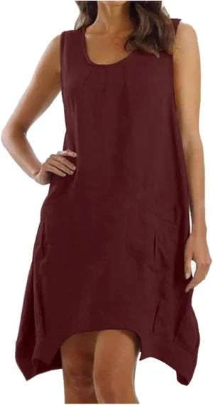 Women's Summer Sleeveless Cotton Linen Tank Dress Loose A-line Beach Dresses with Pockets Plus Size Loose Midi Dress