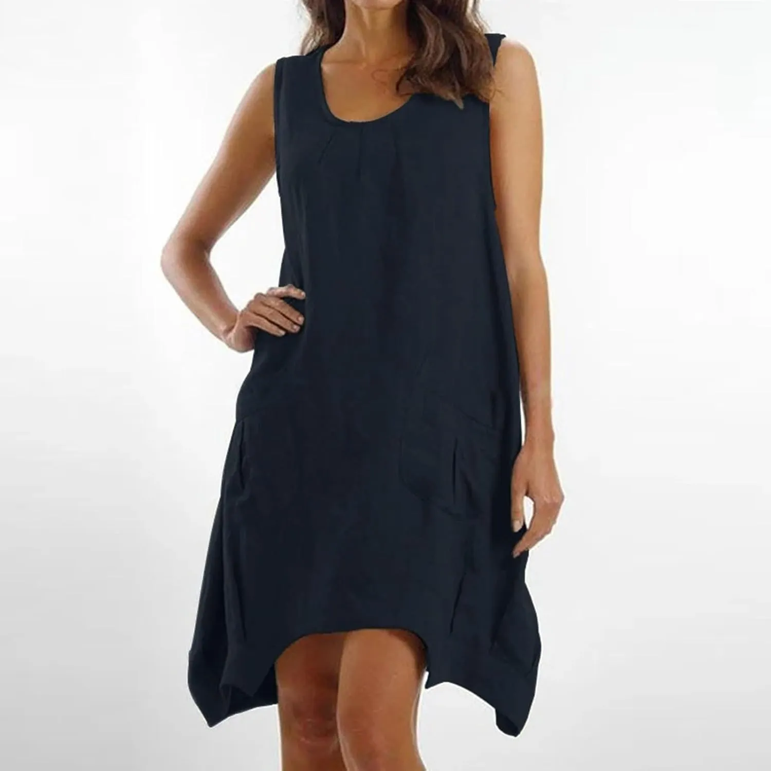 Women's Summer Sleeveless Cotton Linen Tank Dress Loose A-line Beach Dresses with Pockets Plus Size Loose Midi Dress