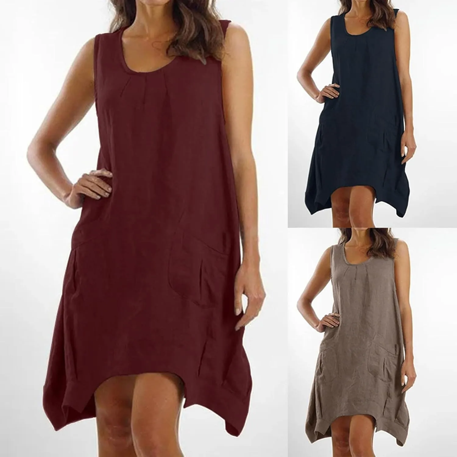 Women's Summer Sleeveless Cotton Linen Tank Dress Loose A-line Beach Dresses with Pockets Plus Size Loose Midi Dress
