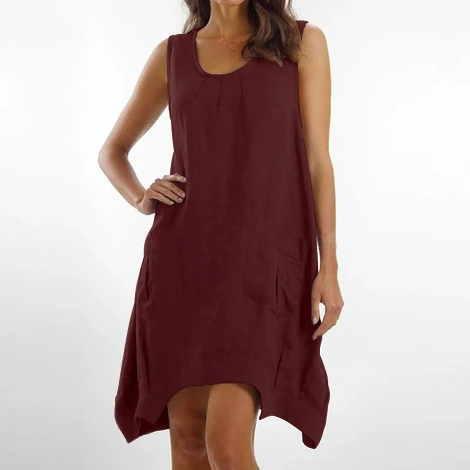 Women's Summer Sleeveless Cotton Linen Tank Dress Loose A-line Beach Dresses with Pockets Plus Size Loose Midi Dress