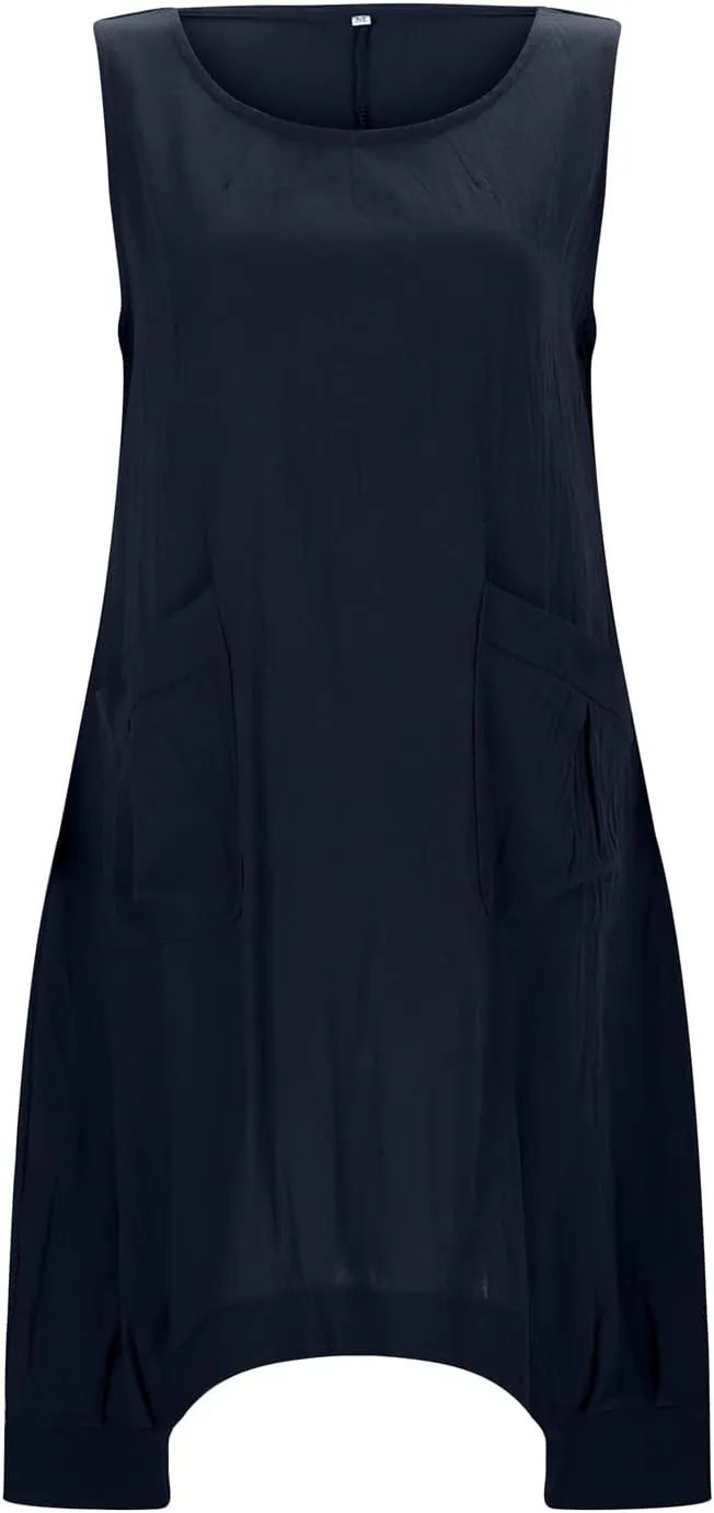 Women's Summer Sleeveless Cotton Linen Tank Dress Loose A-line Beach Dresses with Pockets Plus Size Loose Midi Dress