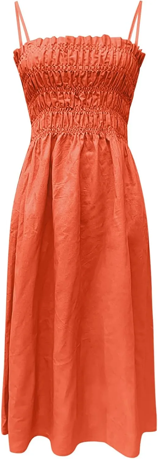 Womens Summer Sling Linen Dress Beach Low Back Long Maxi Cotton Linen Dresses Slim High Waist Long Sun Dress