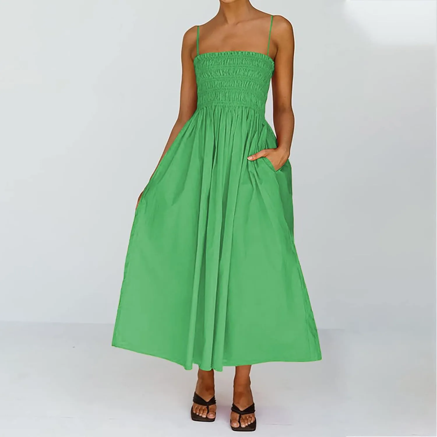 Womens Summer Sling Linen Dress Beach Low Back Long Maxi Cotton Linen Dresses Slim High Waist Long Sun Dress