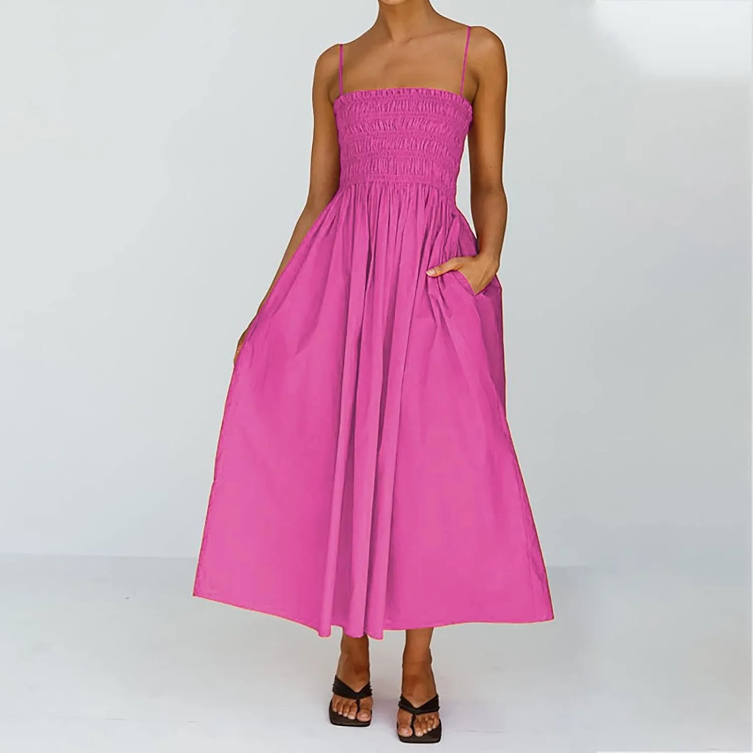 Womens Summer Sling Linen Dress Beach Low Back Long Maxi Cotton Linen Dresses Slim High Waist Long Sun Dress