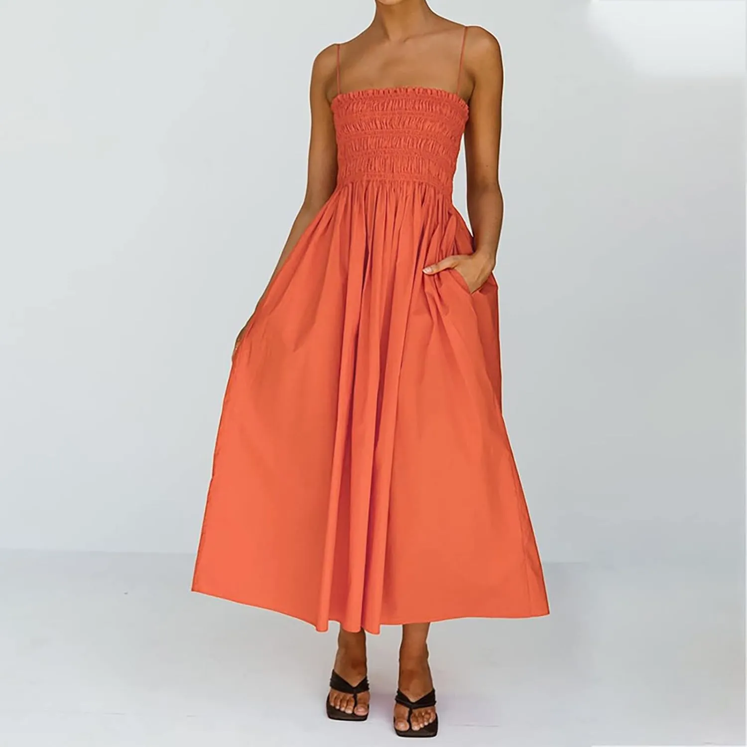 Womens Summer Sling Linen Dress Beach Low Back Long Maxi Cotton Linen Dresses Slim High Waist Long Sun Dress