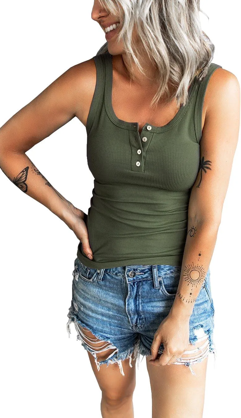Women's Tank Tops Summer Casual Sleeveless Ribbed Button Down T Shirts Slim Fit Basic Henley Tops