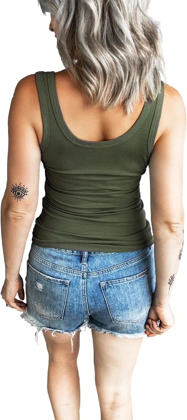 Women's Tank Tops Summer Casual Sleeveless Ribbed Button Down T Shirts Slim Fit Basic Henley Tops