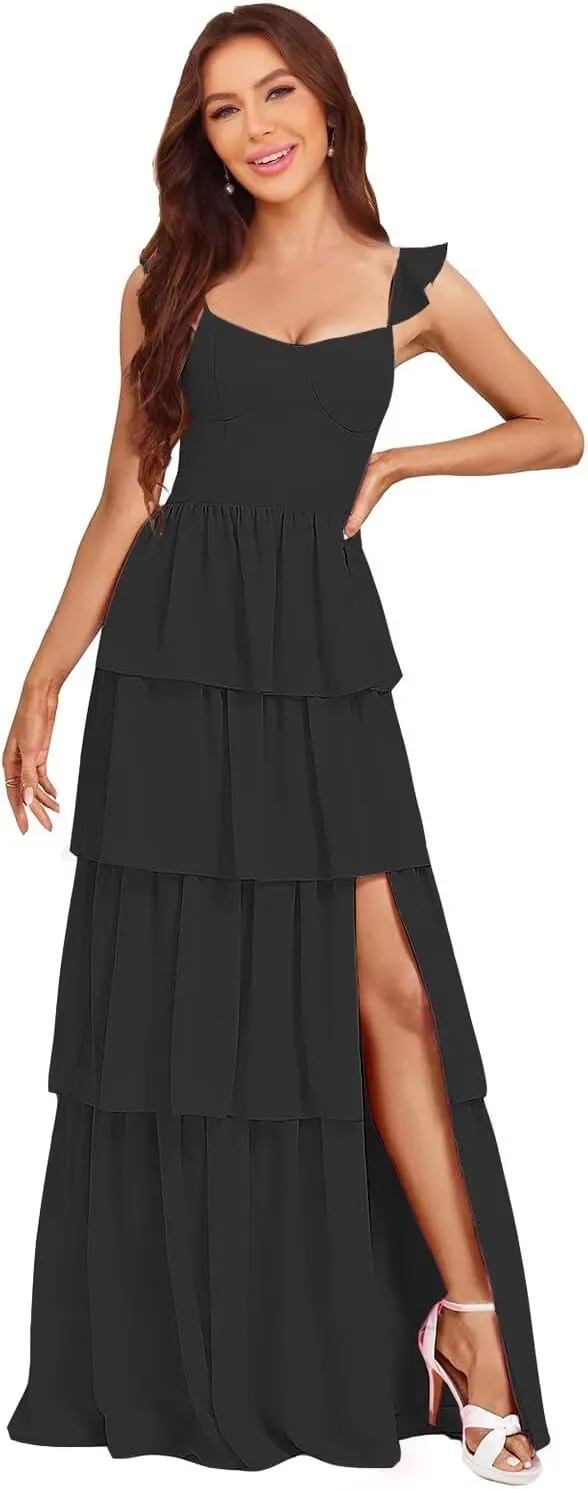 Women's Tiered Bridesmaid Dresses with Slit 2025 Ruffle Chiffon Formal Evening Dresses DK001