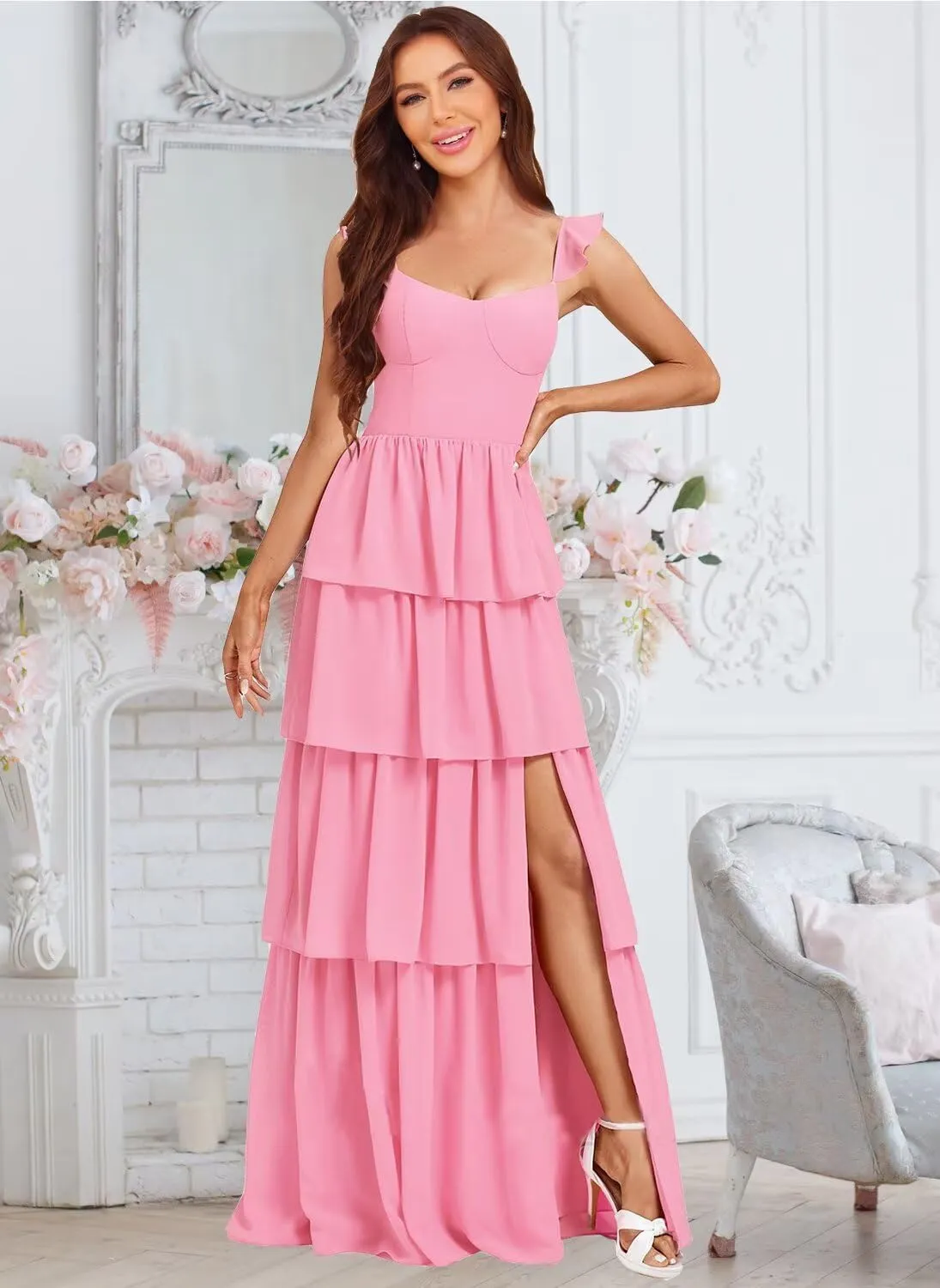 Women's Tiered Bridesmaid Dresses with Slit 2025 Ruffle Chiffon Formal Evening Dresses DK001
