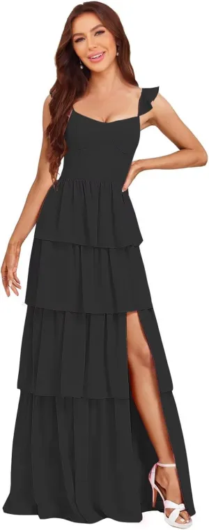 Women's Tiered Bridesmaid Dresses with Slit 2025 Ruffle Chiffon Formal Evening Dresses DK001