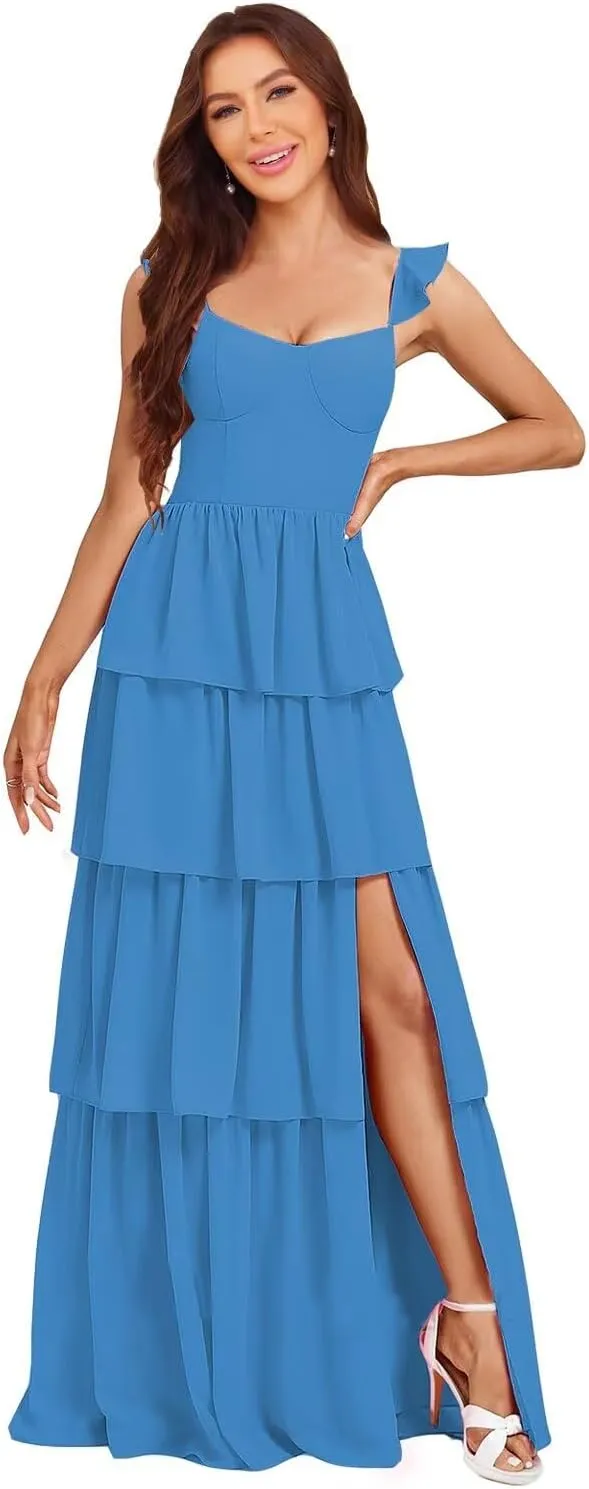 Women's Tiered Bridesmaid Dresses with Slit 2025 Ruffle Chiffon Formal Evening Dresses DK001