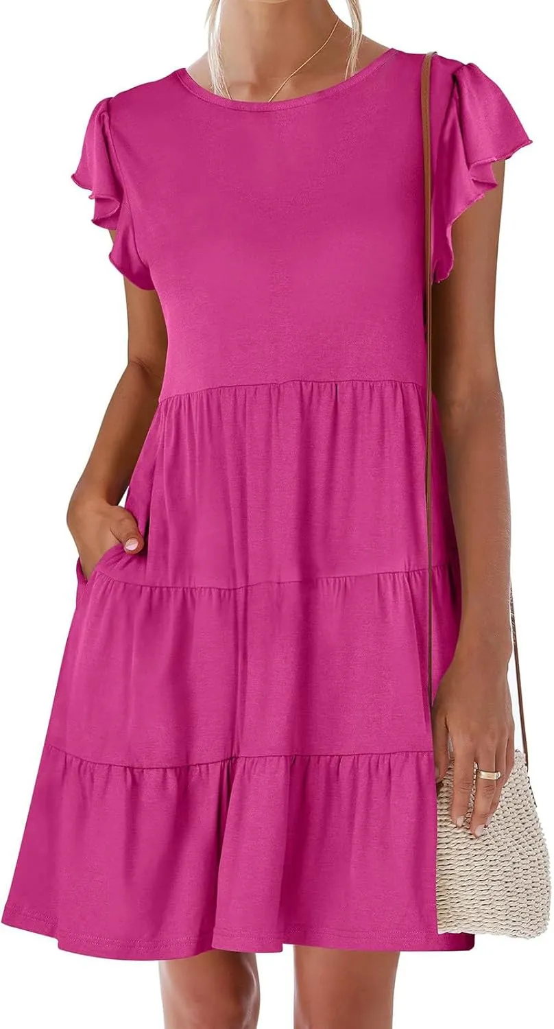 Womens Tiered Summer Dress Short Ruffle Sleeve Dress a Line Mini Sundress Casual Beach Vacation Dresses with Pockets