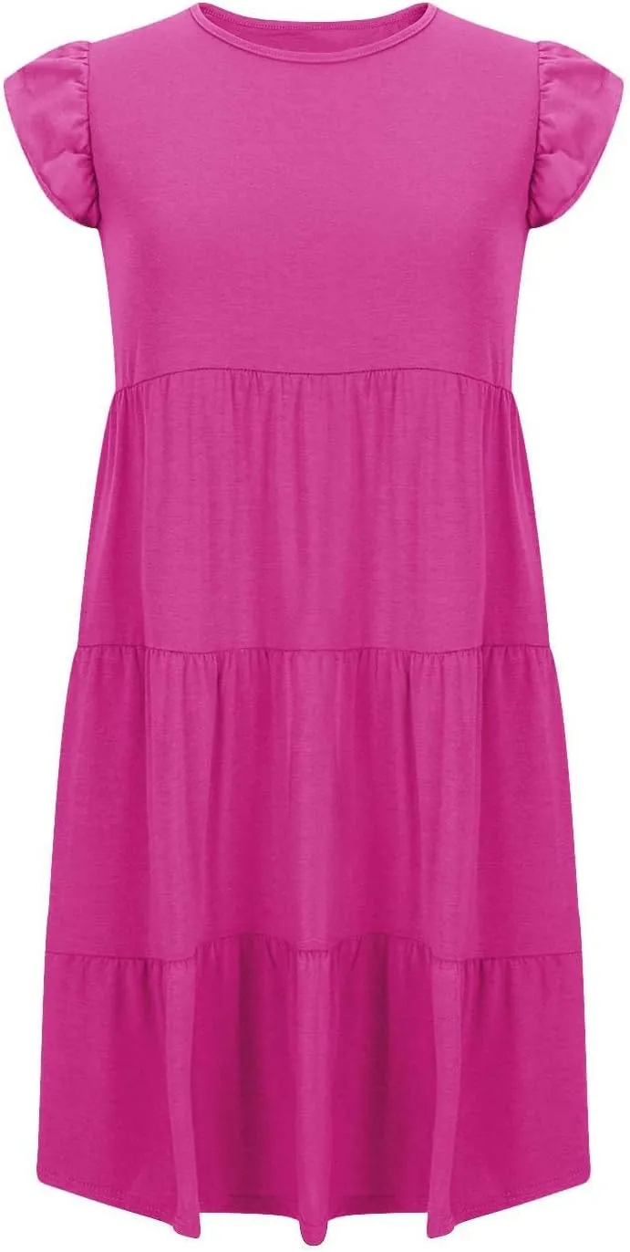 Womens Tiered Summer Dress Short Ruffle Sleeve Dress a Line Mini Sundress Casual Beach Vacation Dresses with Pockets