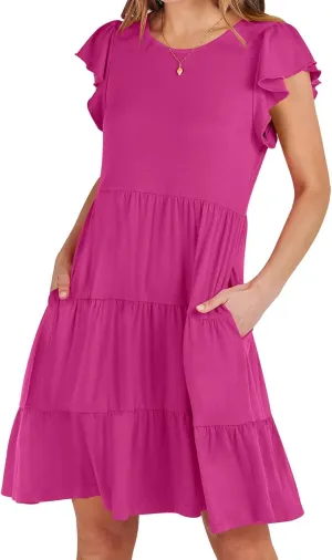Womens Tiered Summer Dress Short Ruffle Sleeve Dress a Line Mini Sundress Casual Beach Vacation Dresses with Pockets