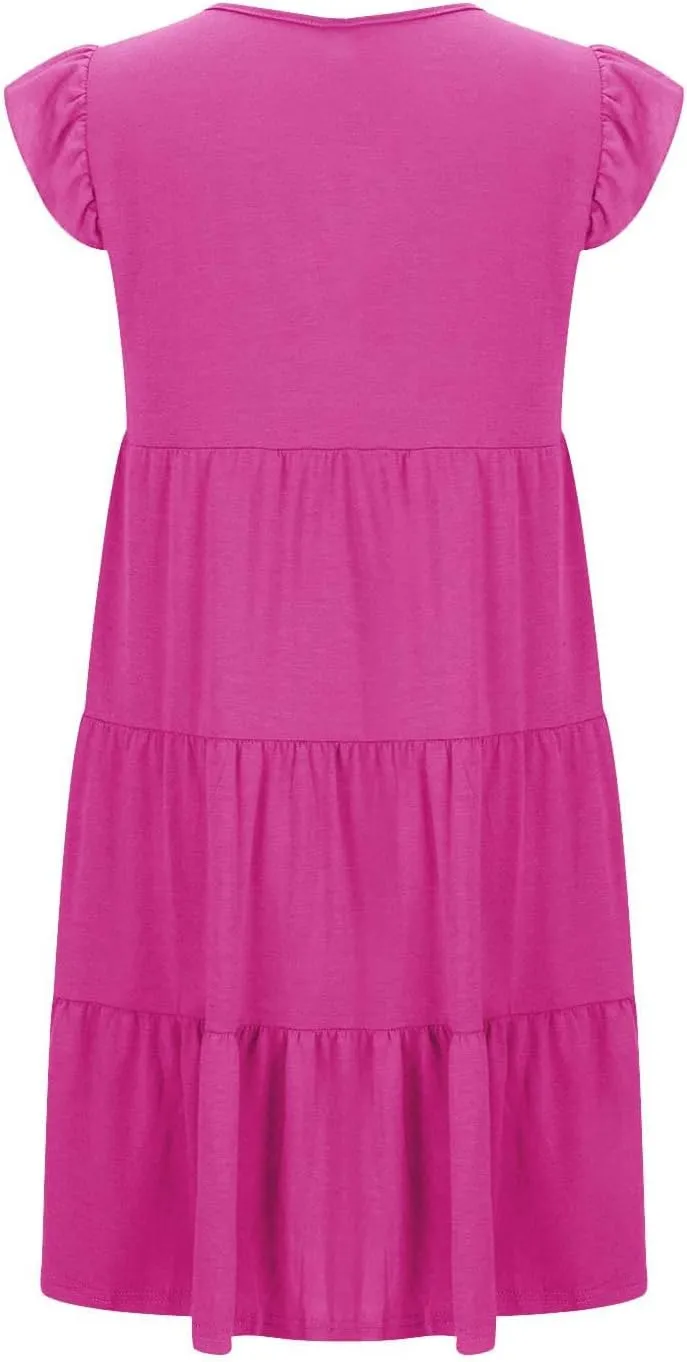 Womens Tiered Summer Dress Short Ruffle Sleeve Dress a Line Mini Sundress Casual Beach Vacation Dresses with Pockets