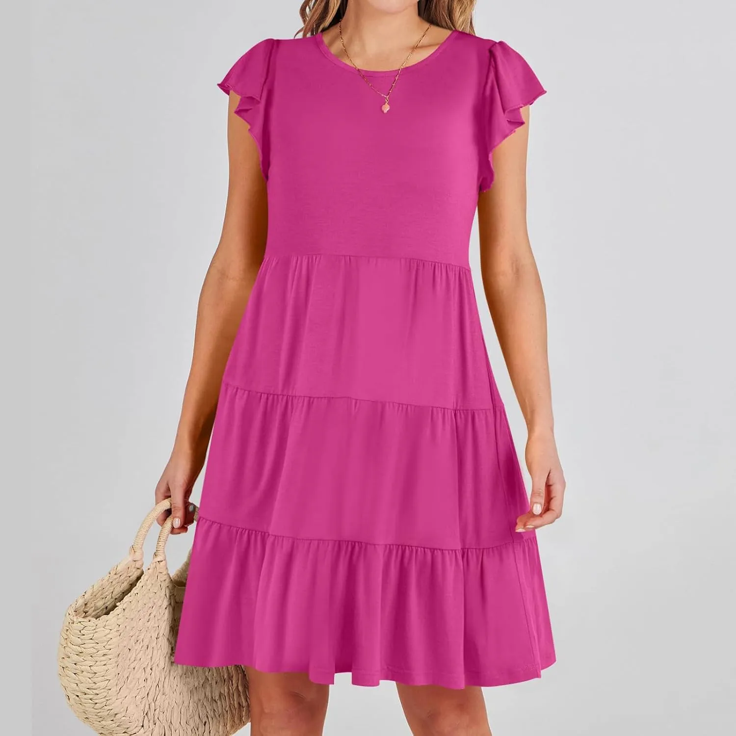 Womens Tiered Summer Dress Short Ruffle Sleeve Dress a Line Mini Sundress Casual Beach Vacation Dresses with Pockets