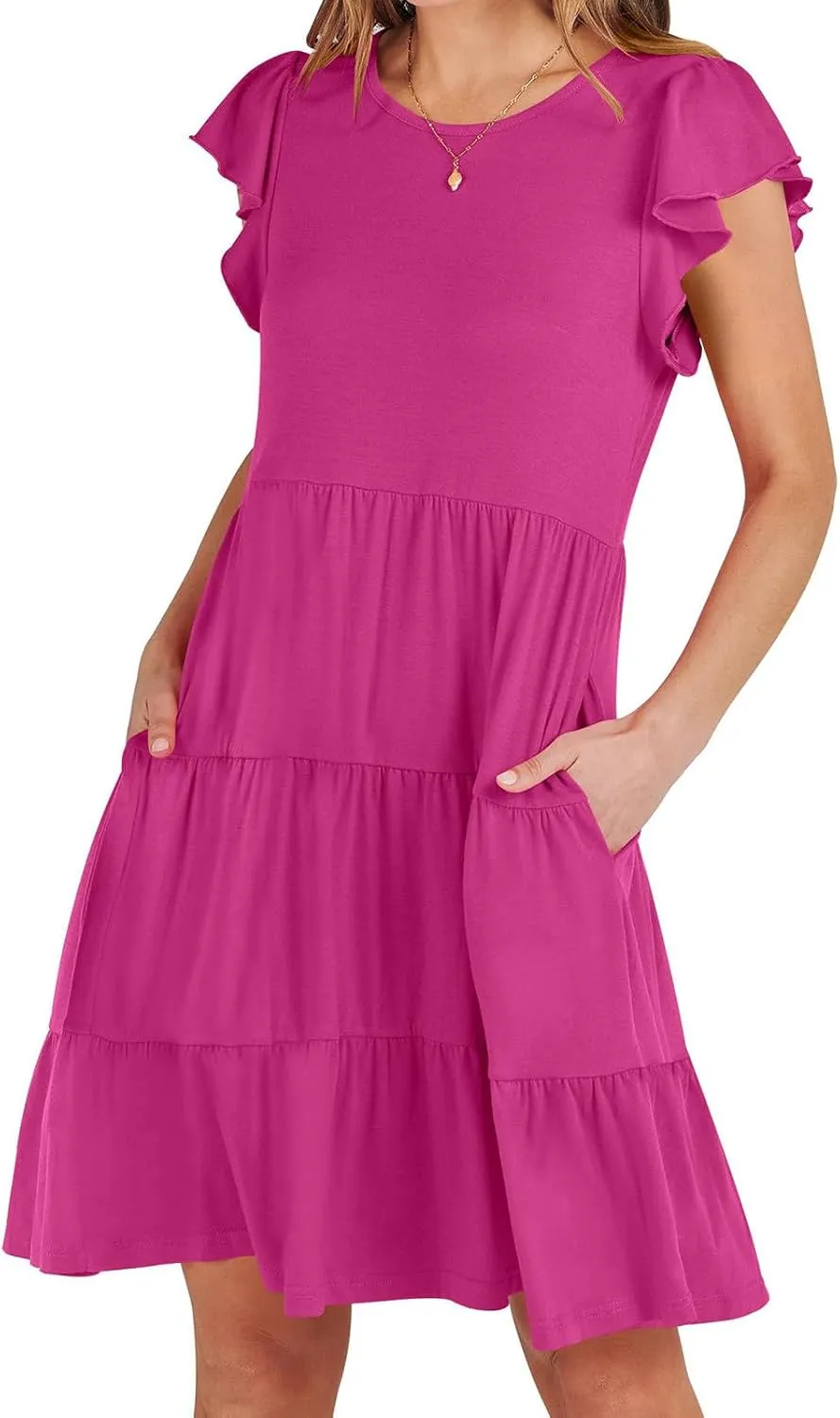 Womens Tiered Summer Dress Short Ruffle Sleeve Dress a Line Mini Sundress Casual Beach Vacation Dresses with Pockets