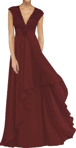 Women's V Neck Laces Appliques Mother of The Bride Dresses Sleeveless Chiffon Elegant Long Wedding Guest Gowns