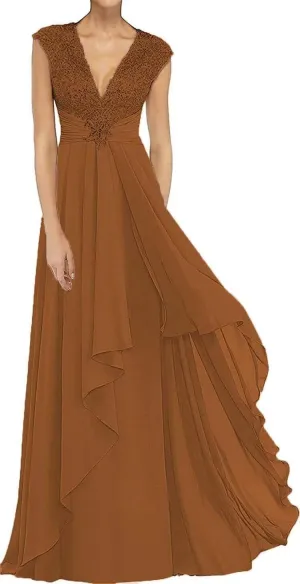 Women's V Neck Laces Appliques Mother of The Bride Dresses Sleeveless Chiffon Elegant Long Wedding Guest Gowns