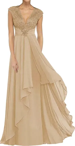 Women's V Neck Laces Appliques Mother of The Bride Dresses Sleeveless Chiffon Elegant Long Wedding Guest Gowns