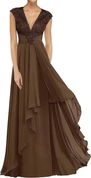 Women's V Neck Laces Appliques Mother of The Bride Dresses Sleeveless Chiffon Elegant Long Wedding Guest Gowns