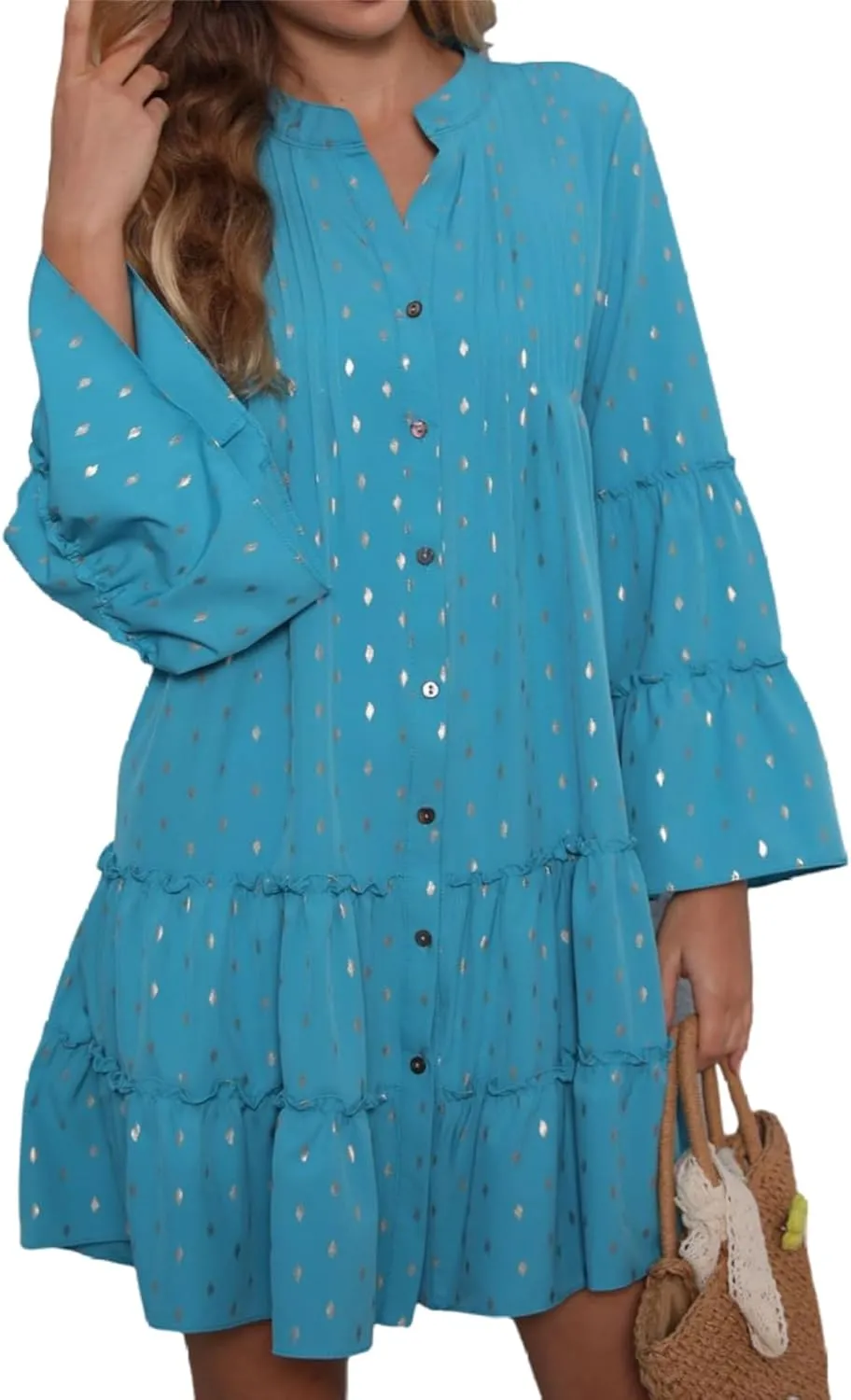 Women's V Neck Long Sleeve Wedding Guest Dress Smocked Waist Tiered Ruffle Hem Mini Dress Spring Floral Short Dress
