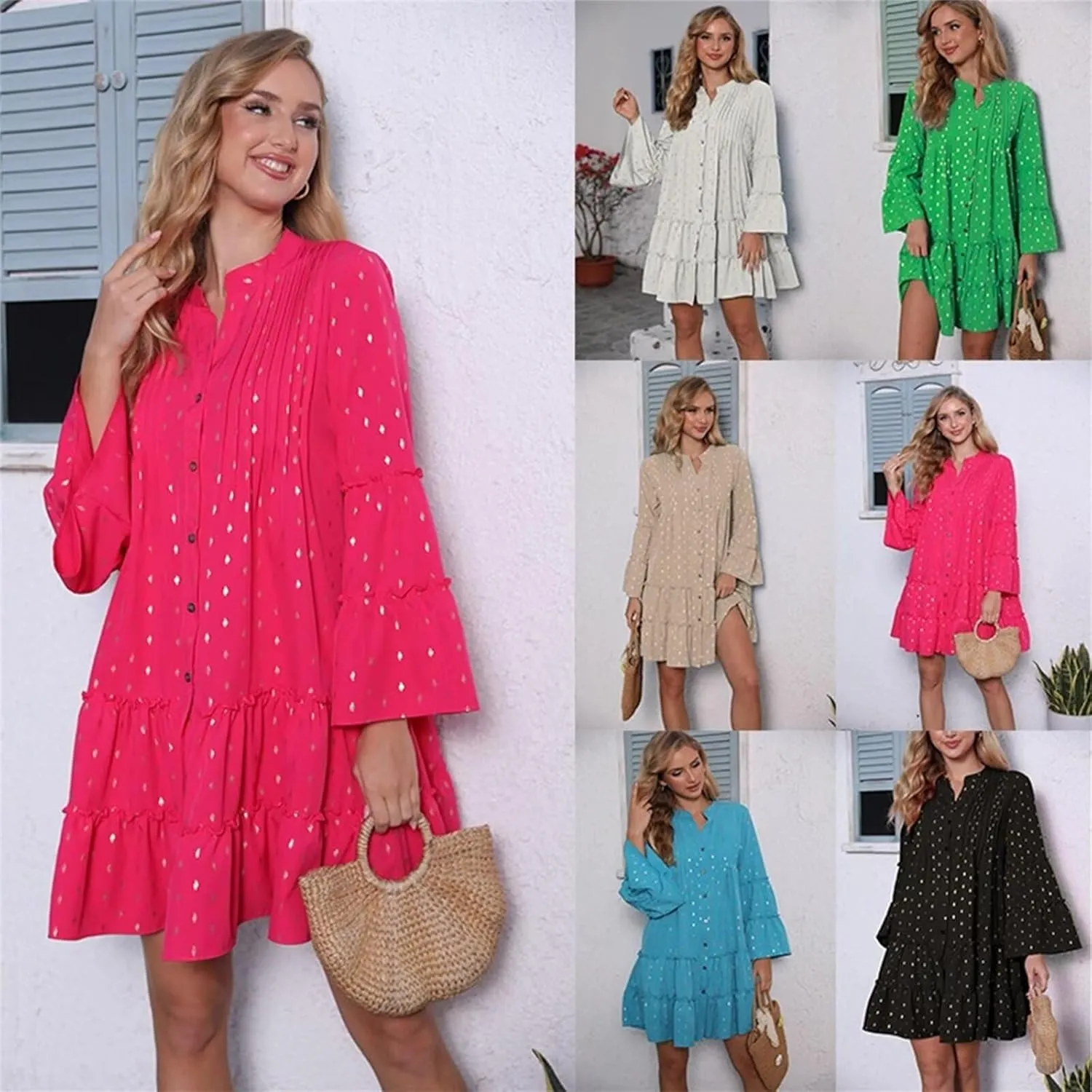 Women's V Neck Long Sleeve Wedding Guest Dress Smocked Waist Tiered Ruffle Hem Mini Dress Spring Floral Short Dress