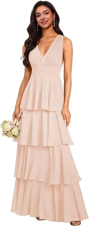 Women's V Neck Tiered Skirt Bridesmaid Dresses 2025 Long Backless Chffon Formal Evening Party Dresses HO052