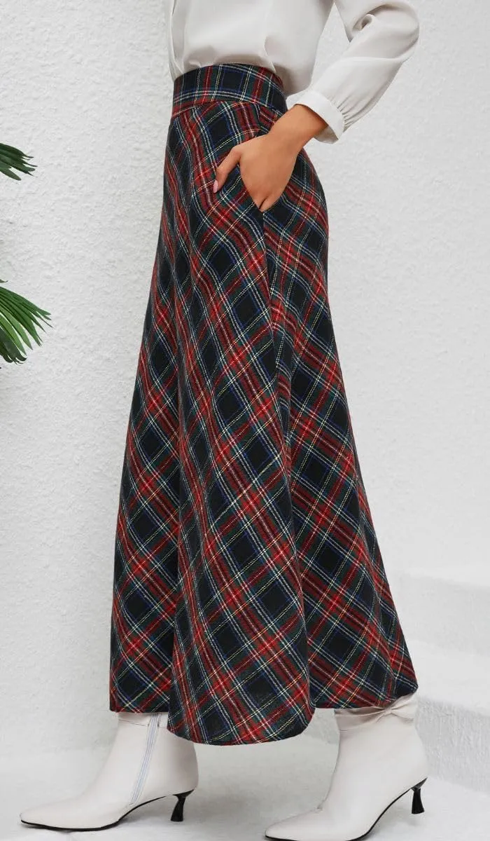 Women's Vintage Plaid Maxi Skirt High Waist Tartan Pleated A Line Long Skirt with Pockets