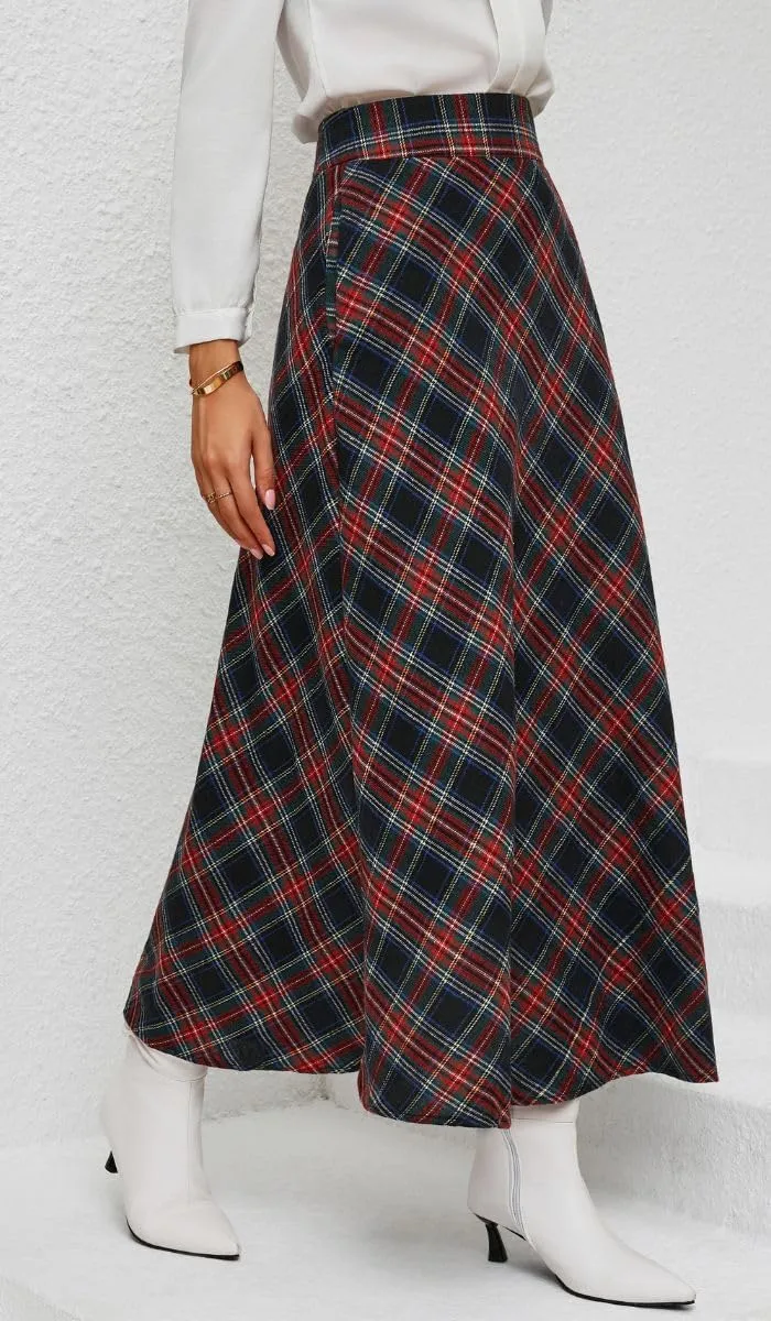 Women's Vintage Plaid Maxi Skirt High Waist Tartan Pleated A Line Long Skirt with Pockets