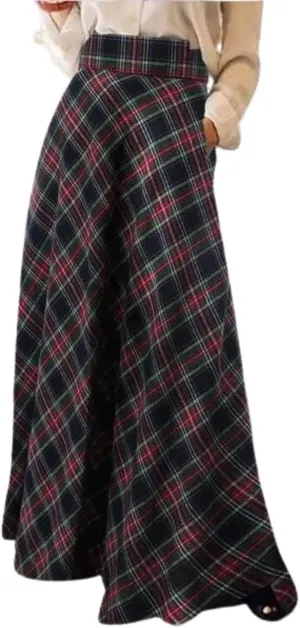 Women's Vintage Plaid Maxi Skirt High Waist Tartan Pleated A Line Long Skirt with Pockets