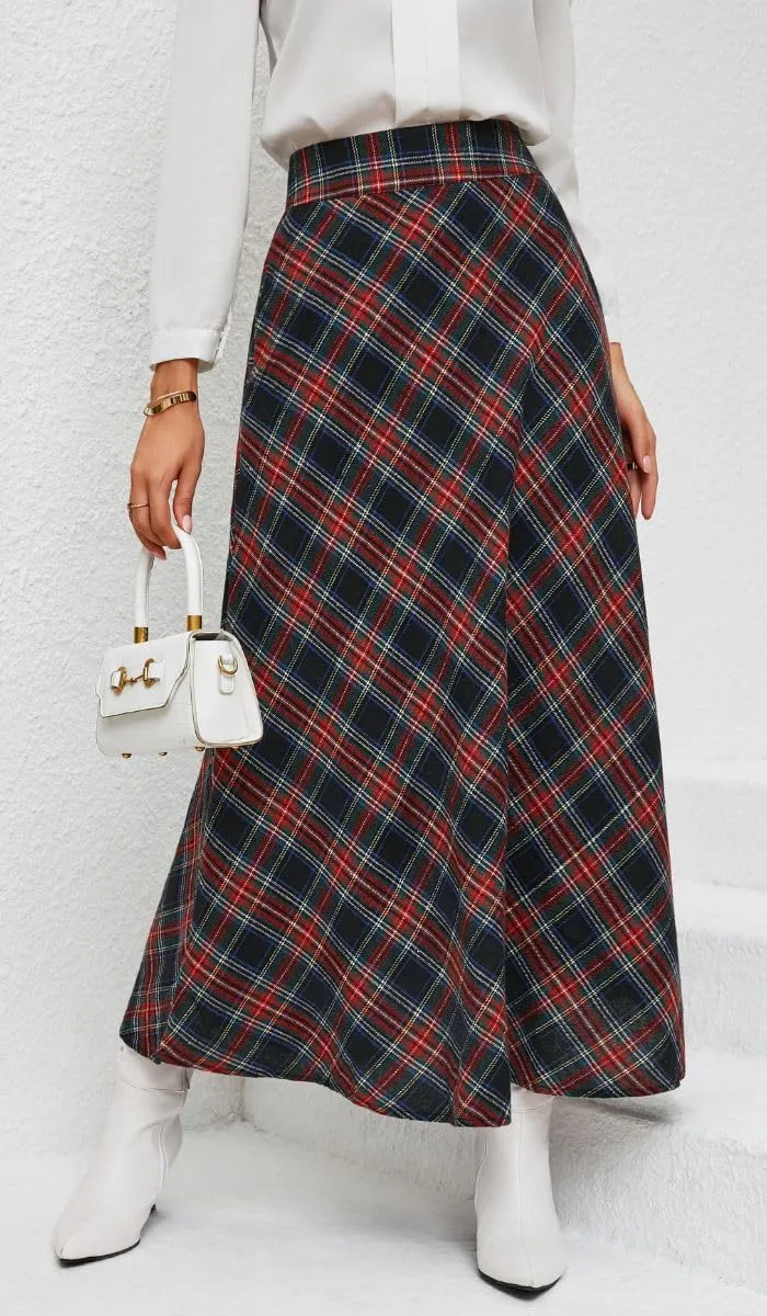 Women's Vintage Plaid Maxi Skirt High Waist Tartan Pleated A Line Long Skirt with Pockets