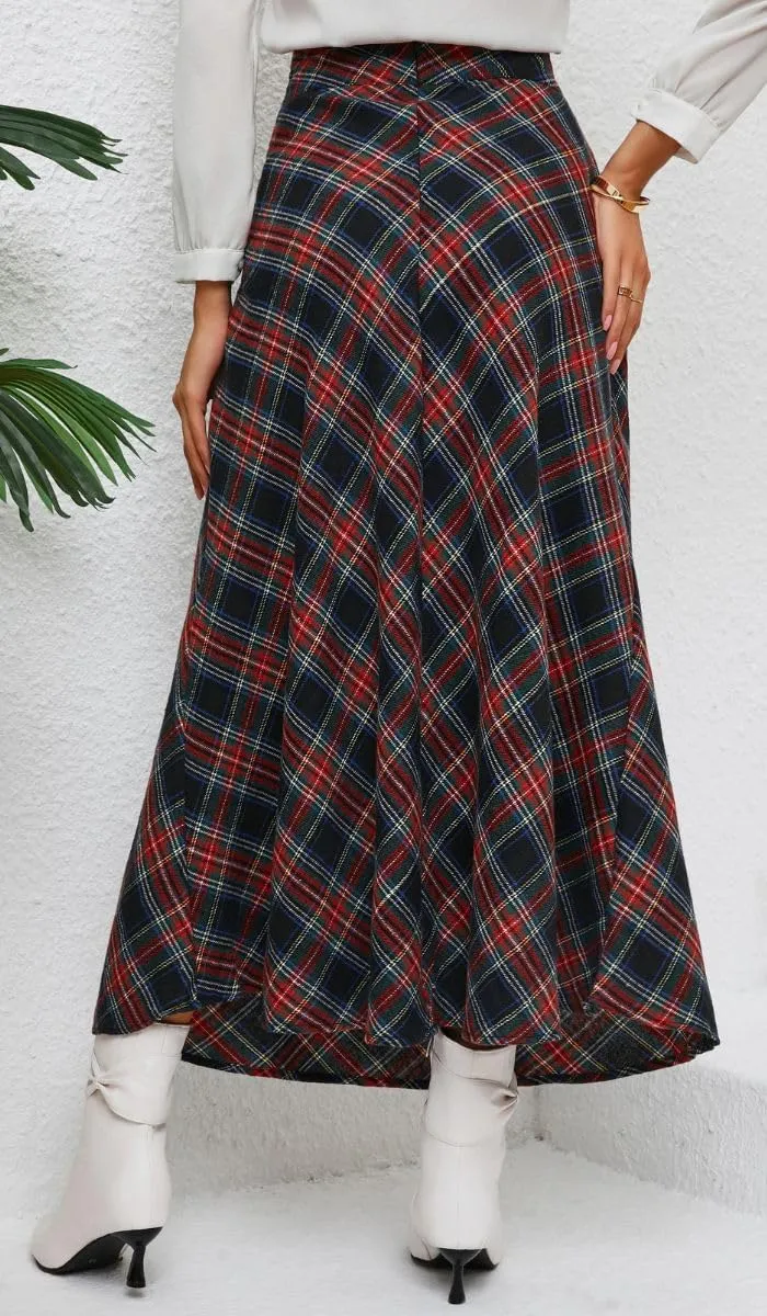 Women's Vintage Plaid Maxi Skirt High Waist Tartan Pleated A Line Long Skirt with Pockets